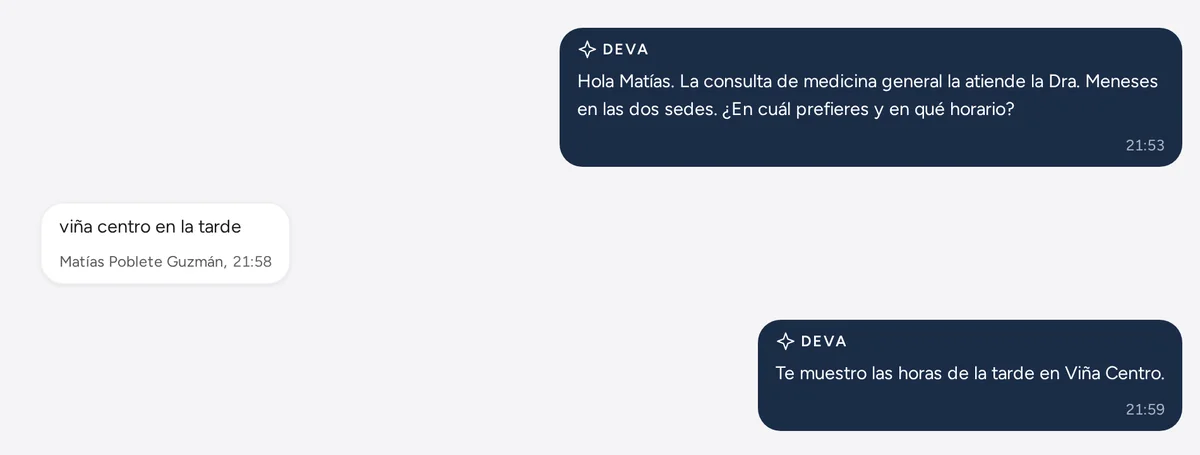 Conversación por WhatsApp: Deva ofrece las horas de la tarde en la sede que eligió el paciente